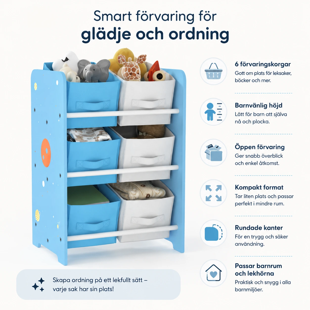Leksaksförvaring för barn med 6 tygkorgar