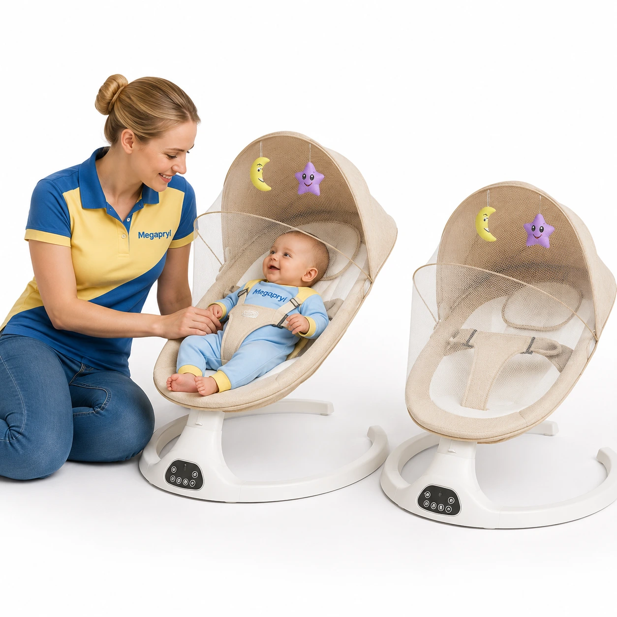 Elektrisk Babysitter med Gungfunktion, Myggnät och Bluetooth