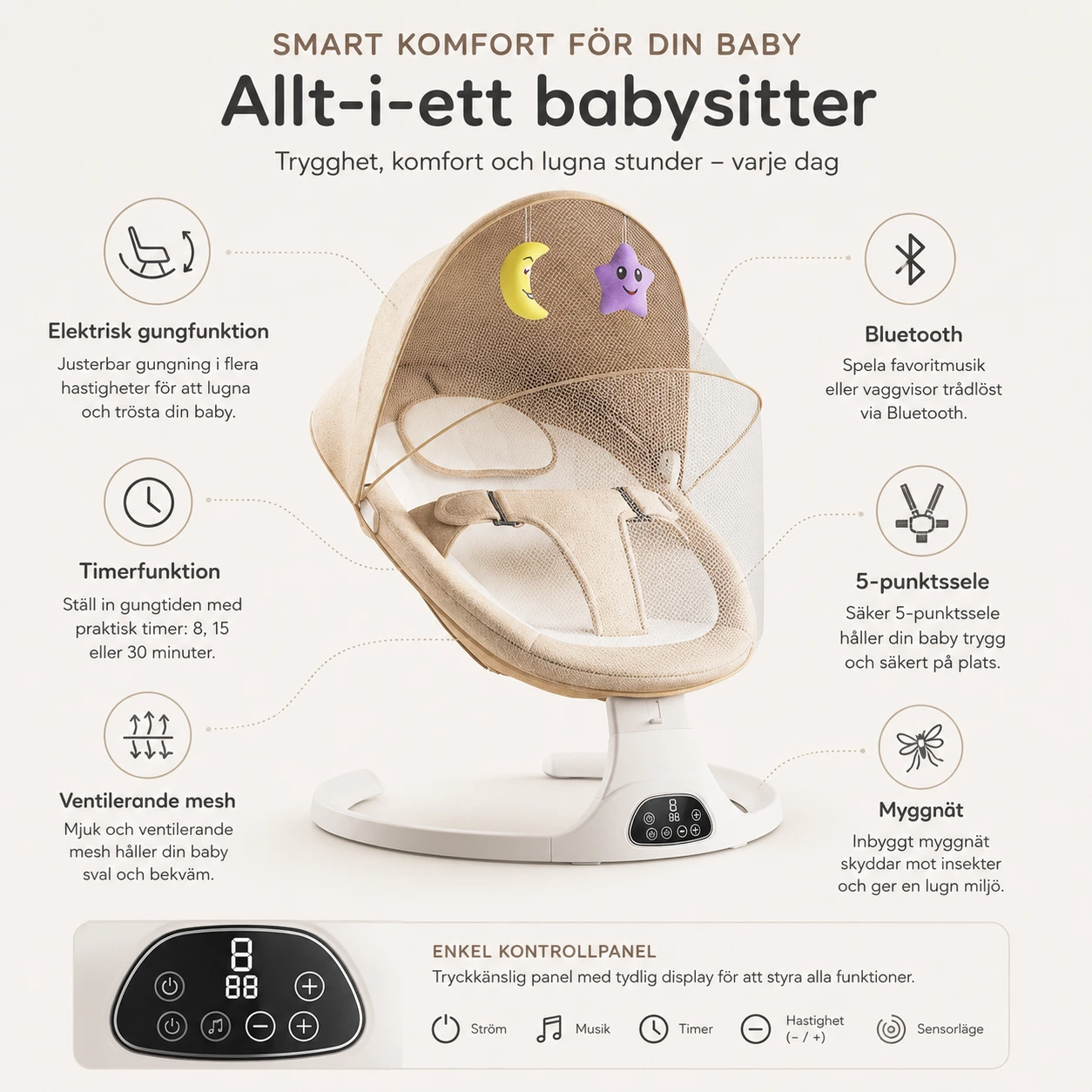 Elektrisk Babysitter med Gungfunktion, Myggnät och Bluetooth