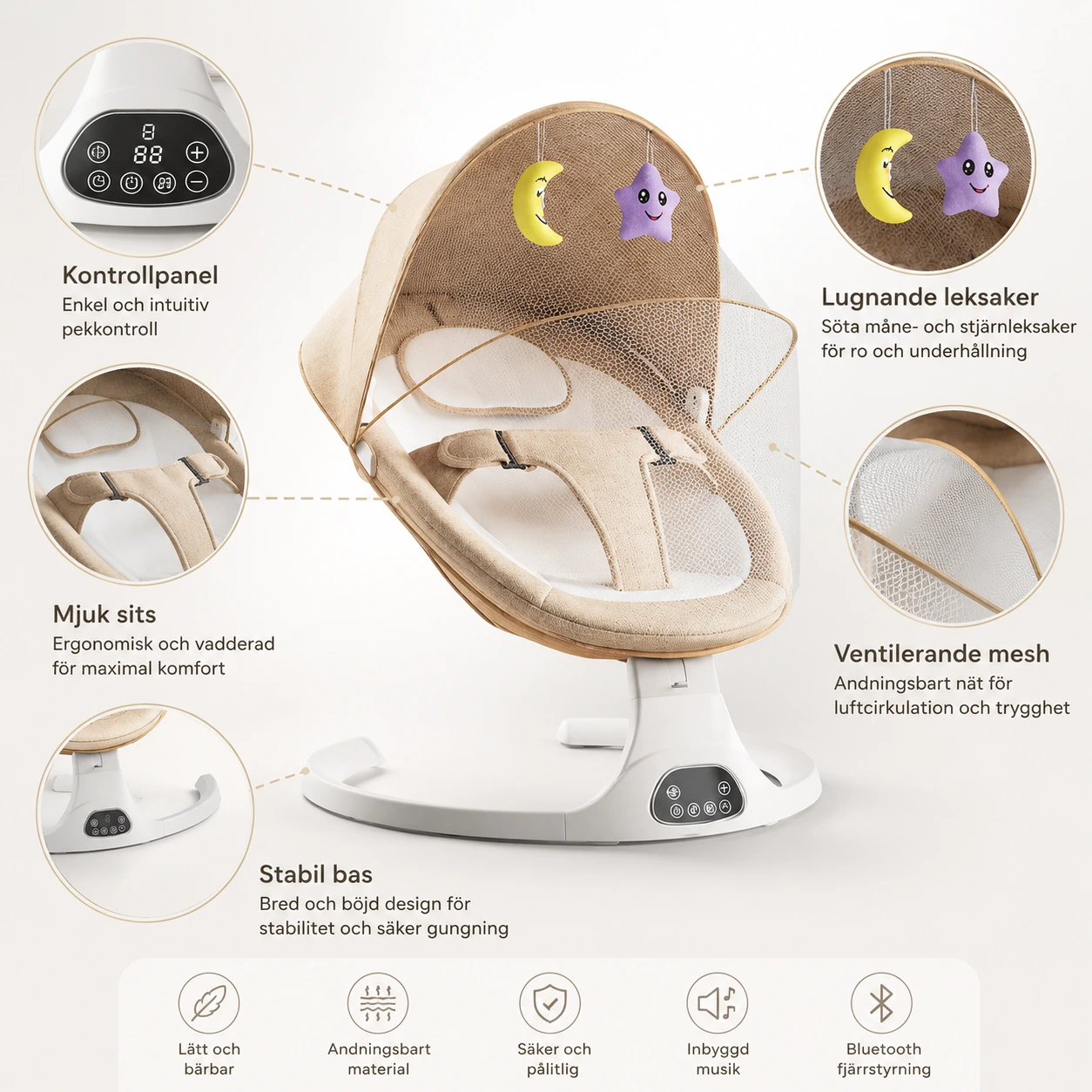Elektrisk Babysitter med Gungfunktion, Myggnät och Bluetooth