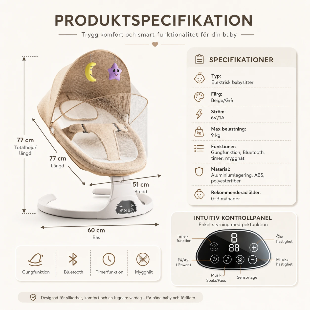 Elektrisk Babysitter med Gungfunktion, Myggnät och Bluetooth