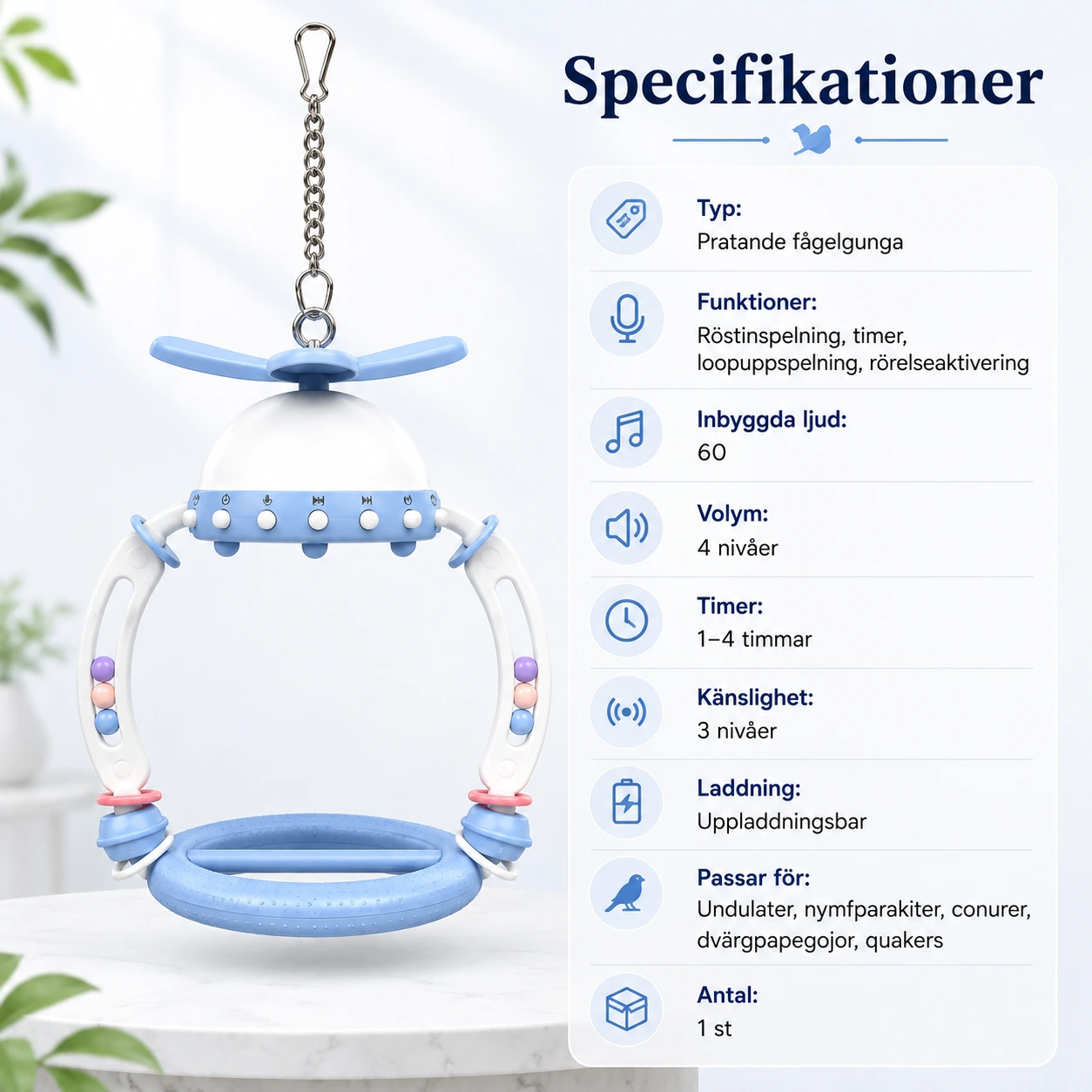 Pratande fågelgunga med röstinspelning för burfåglar