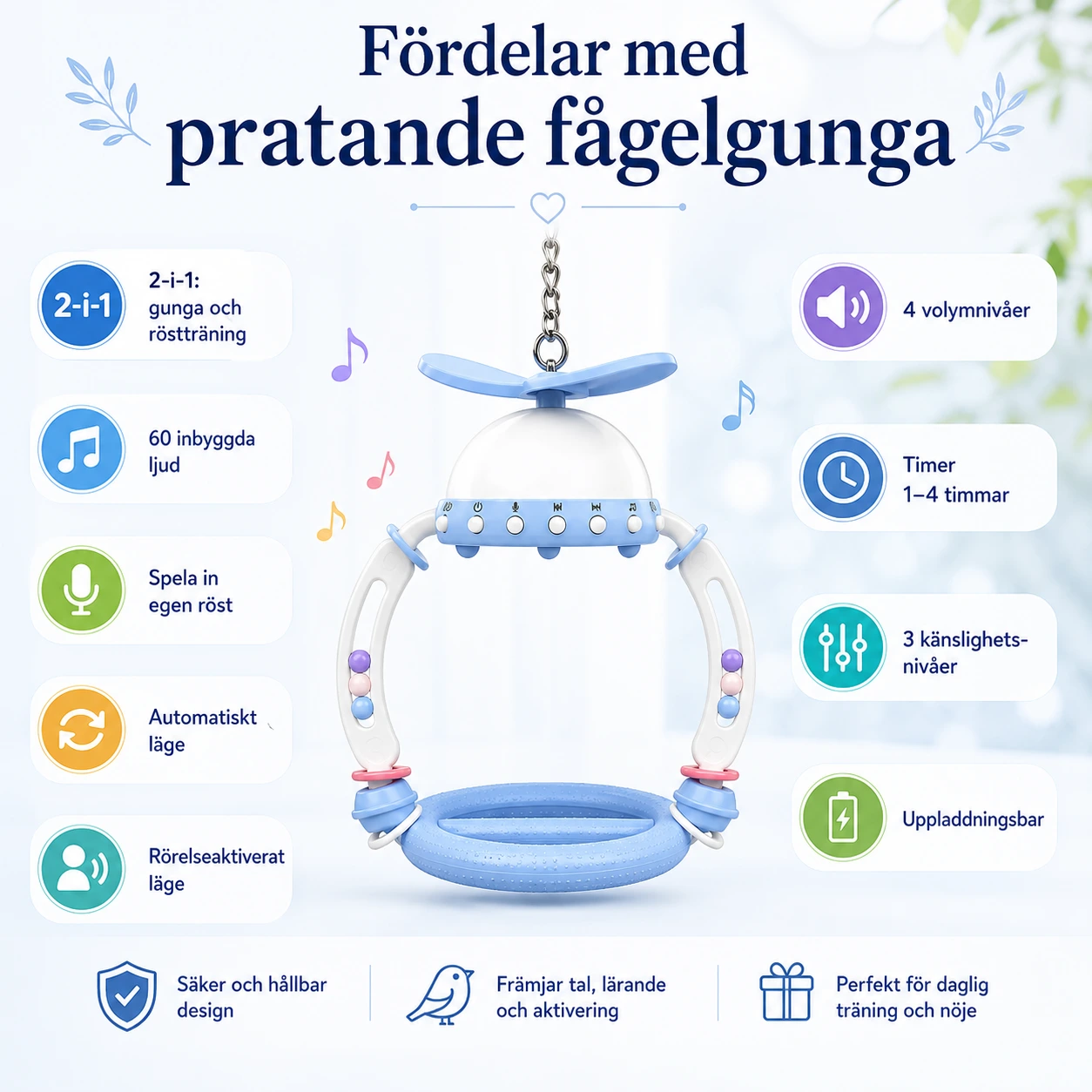 Pratande fågelgunga med röstinspelning för burfåglar