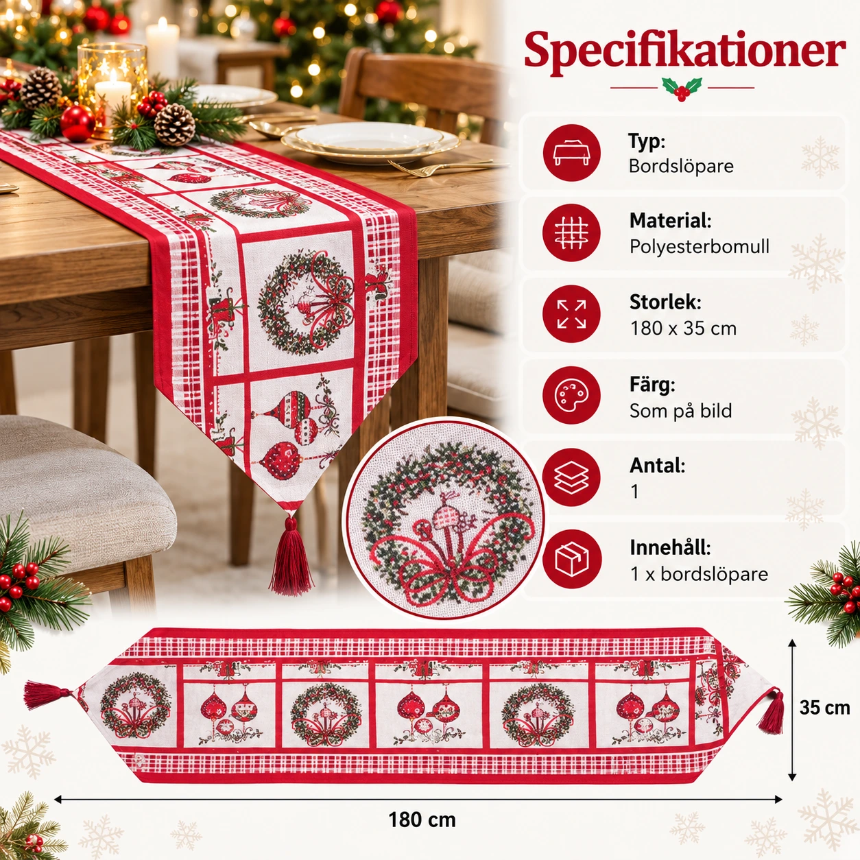 Julbordslöpare för matbord i polyesterbomull, 180 x 35 cm
