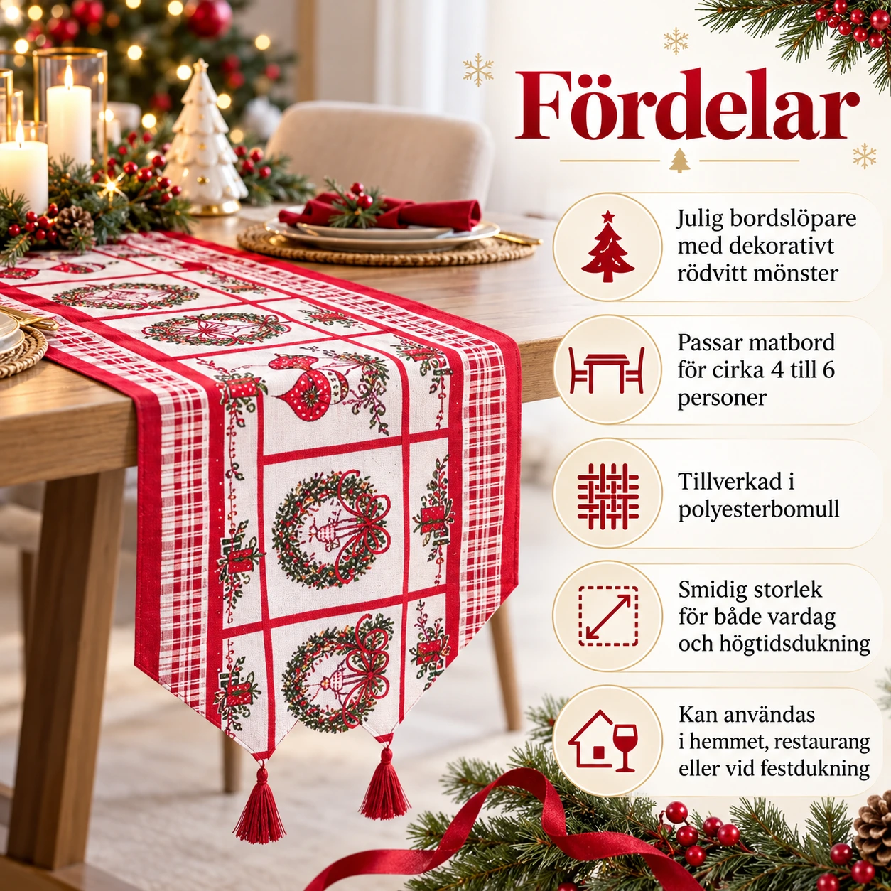 Julbordslöpare för matbord i polyesterbomull, 180 x 35 cm