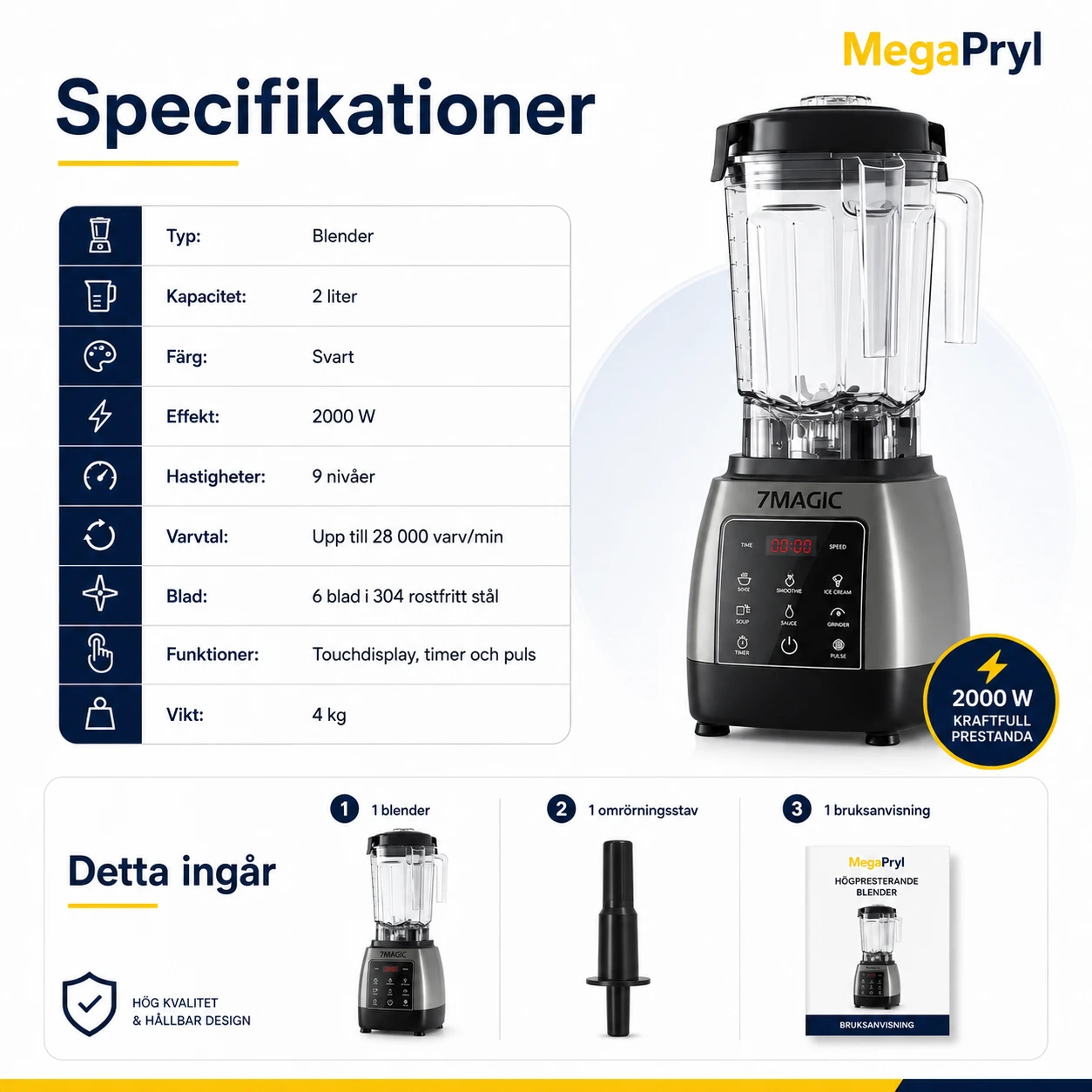 Blender med touchdisplay och timer, 2 liter