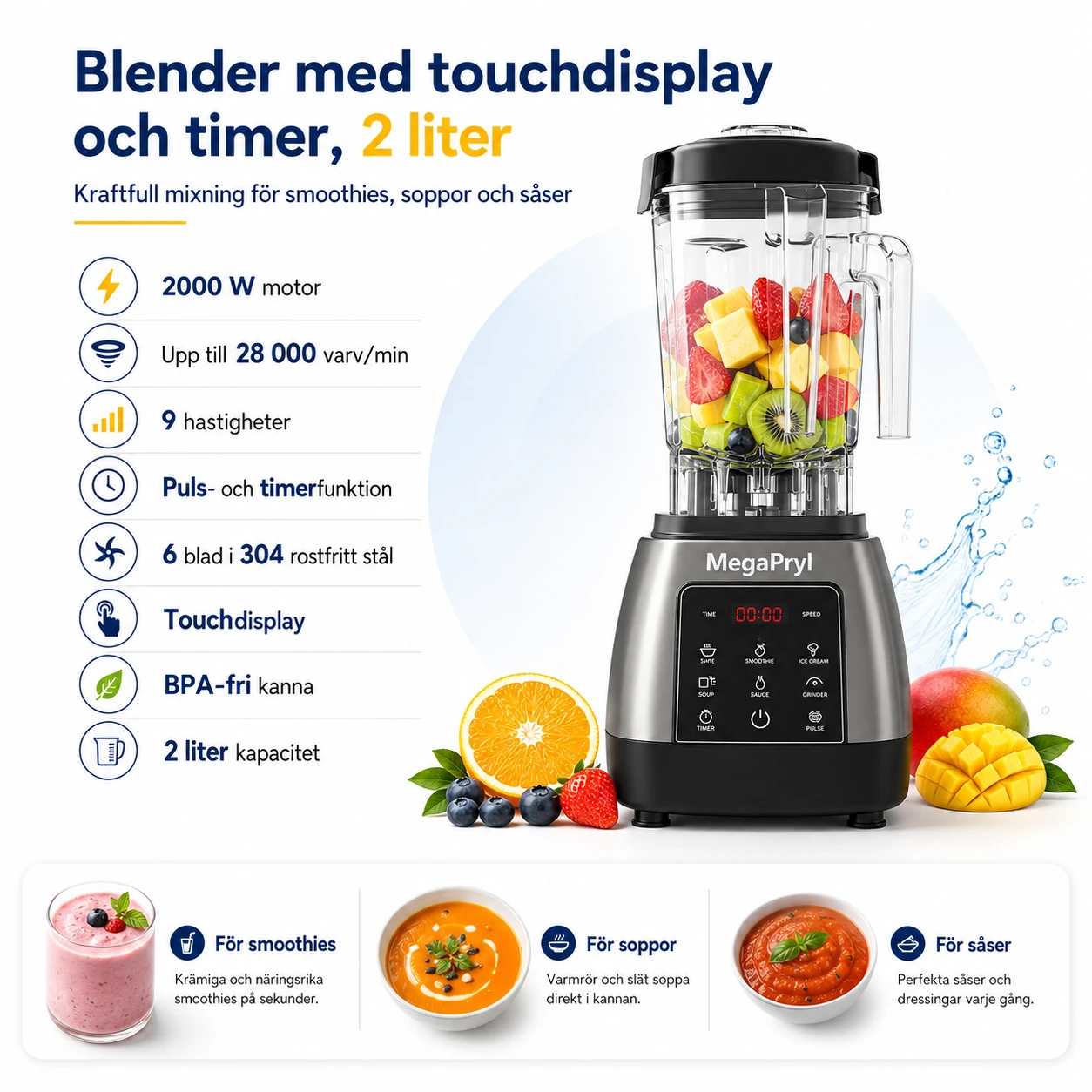 Tehosekoitin kosketusnäytöllä ja ajastimella, 2 litraa