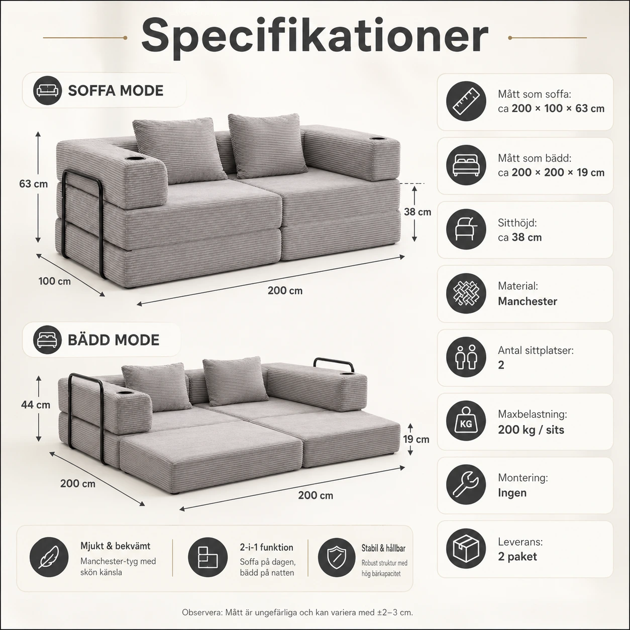 Bäddsoffa 2-Sits i Manchester Grå Modulsoffa