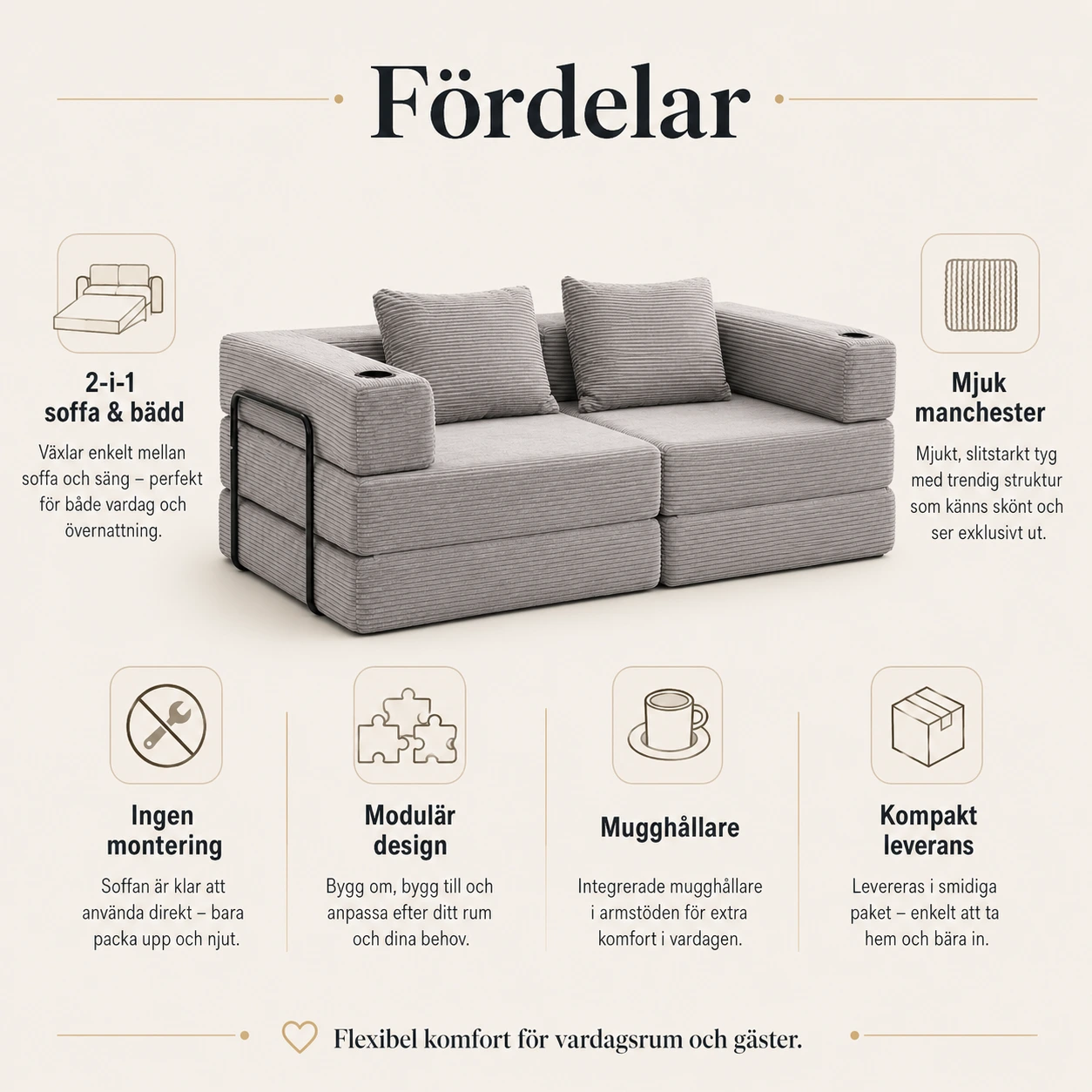 Bäddsoffa 2-Sits i Manchester Grå Modulsoffa