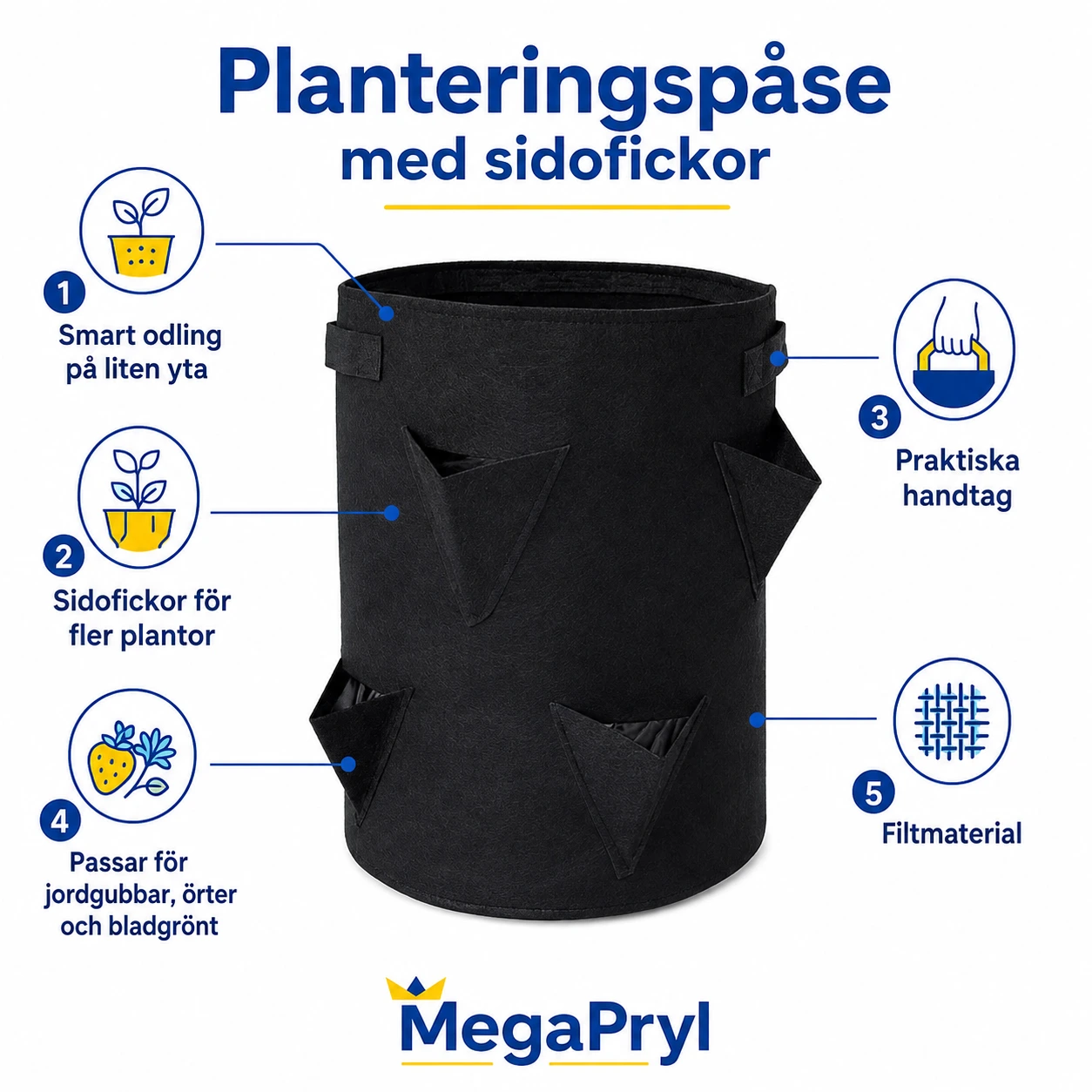 Planteringspåse med sidofickor för jordgubbar och örter