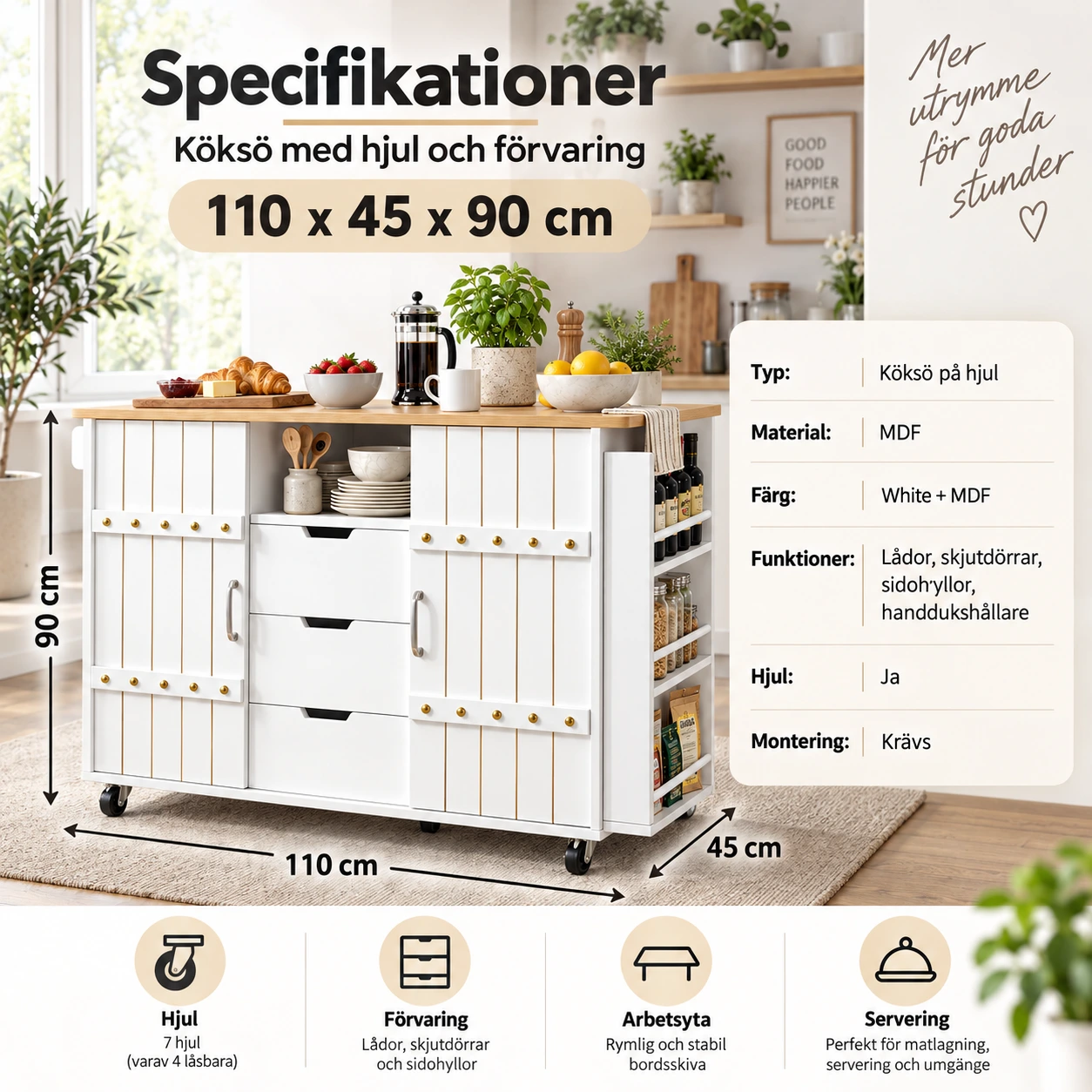 Köksö med hjul och förvaring