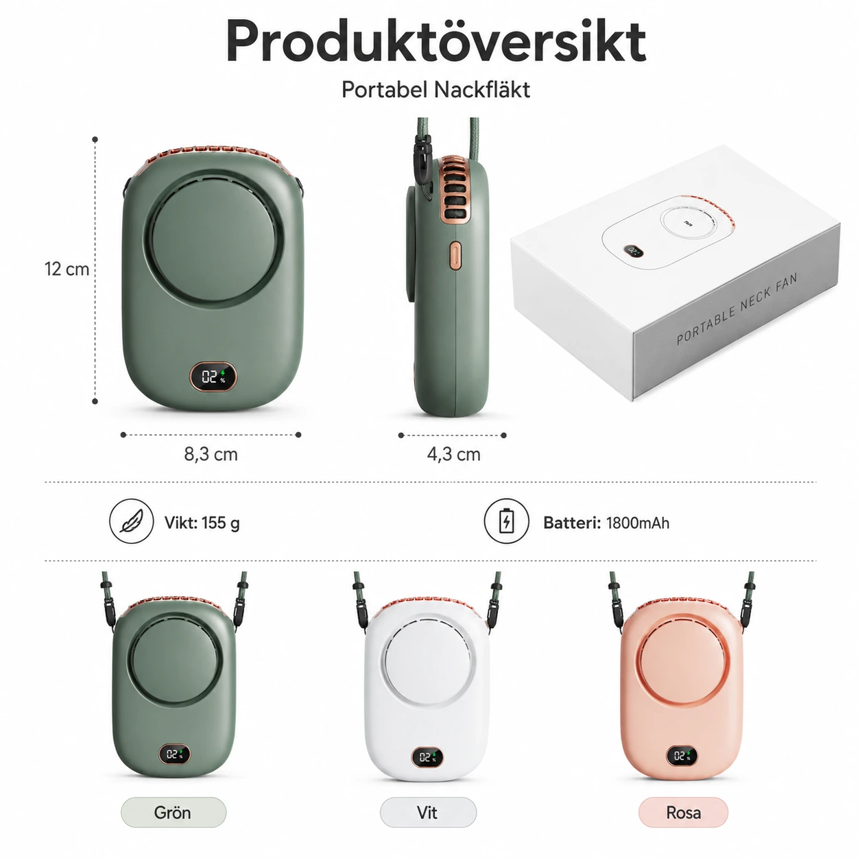 Bärbar Halsfläkt 1800mAh med 3 Hastigheter