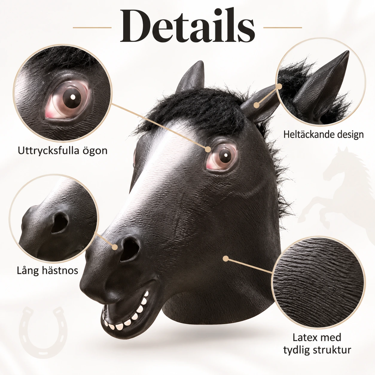 Svart Häst Latexmask med Vit Bläs