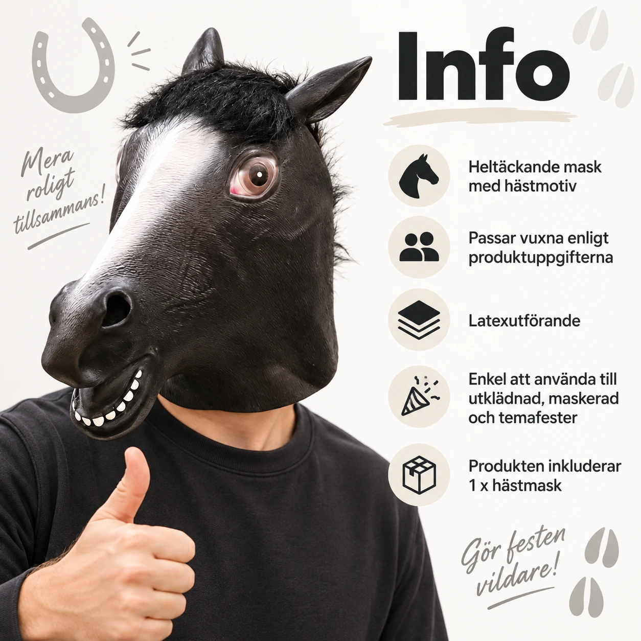 Svart Häst Latexmask med Vit Bläs
