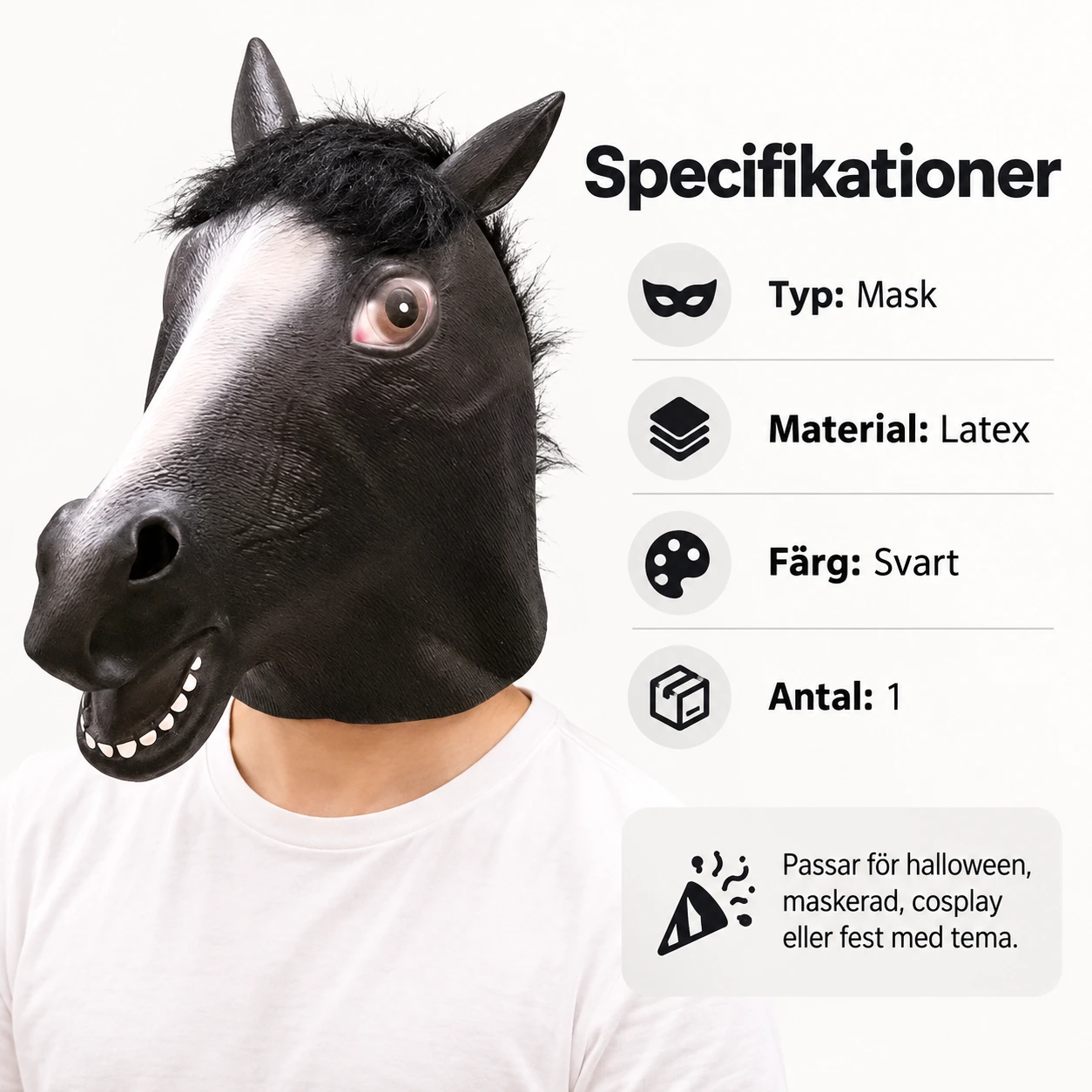 Svart Häst Latexmask med Vit Bläs