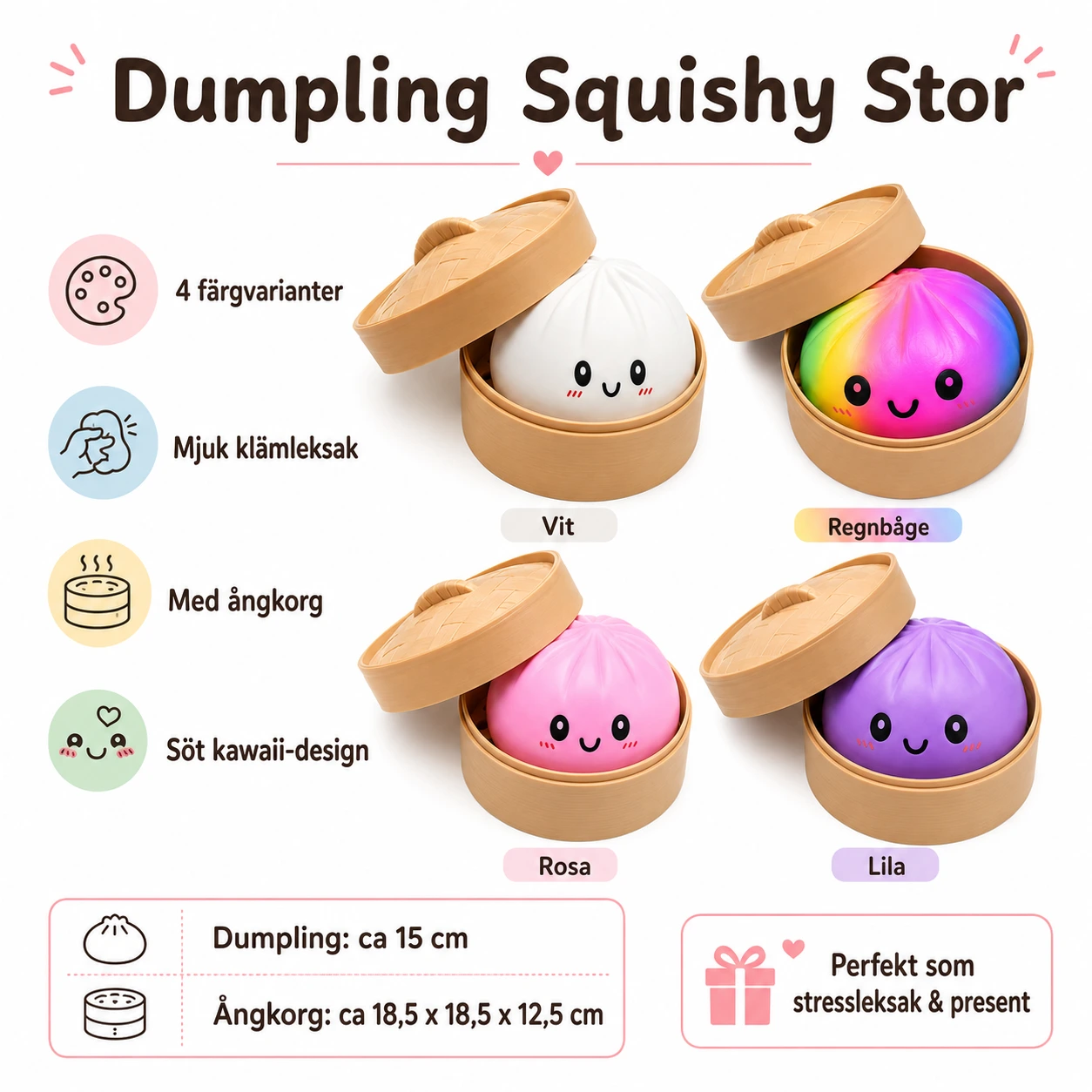 Dumpling Squishy Stor – Mjuk Klämleksak med Ångkorg