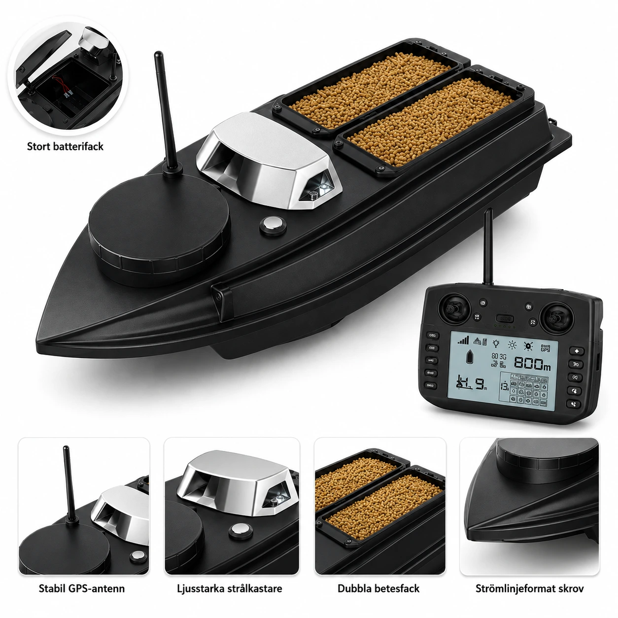 GPS-styrd betesbåt för fiske med fjärrkontroll och autopilot