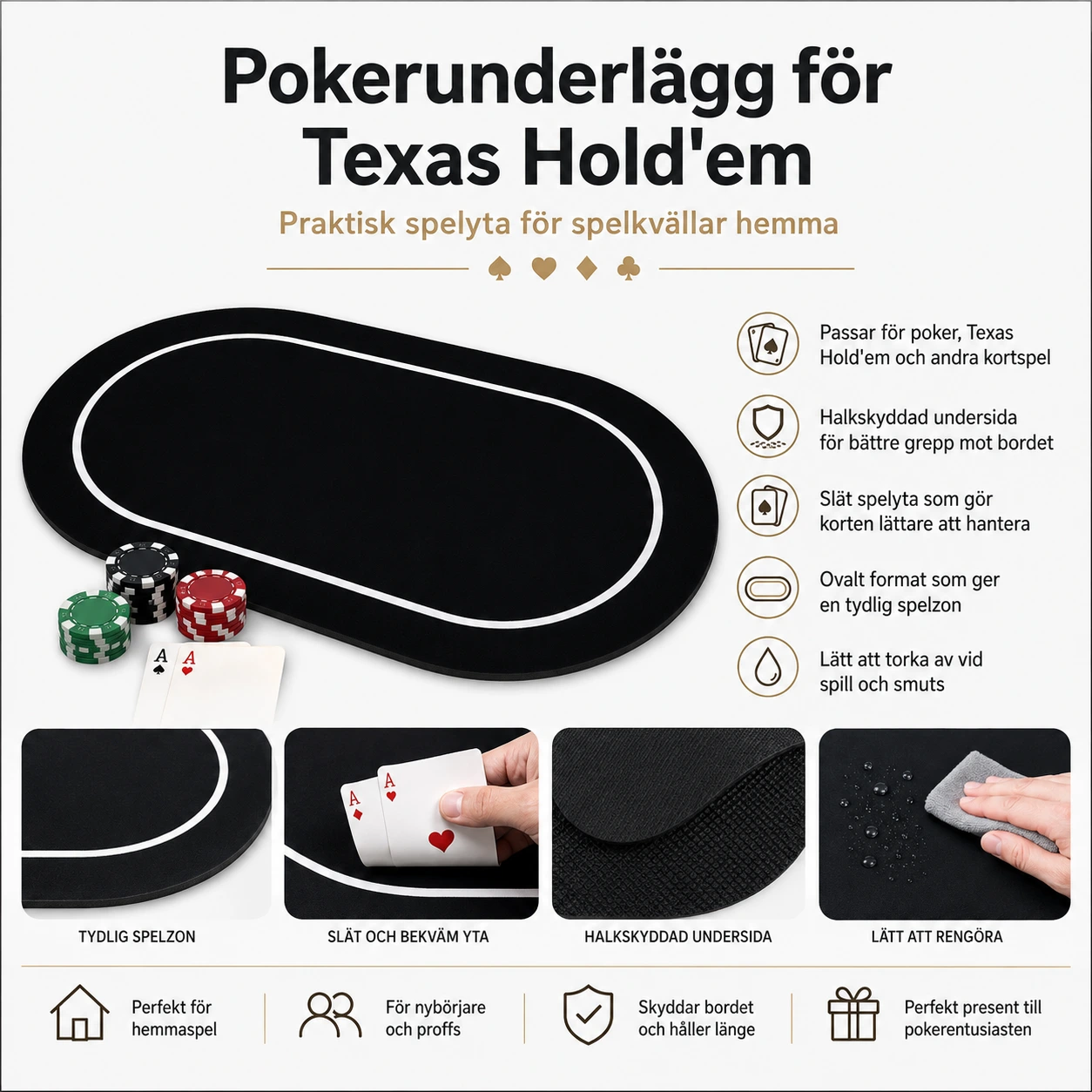 Pokerunderlägg för Texas Hold'em 120x60 cm med halkskydd