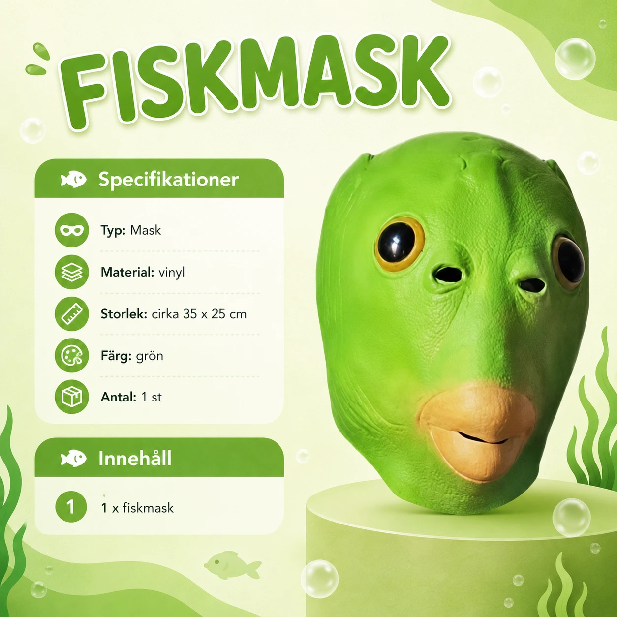 Grön fiskmask för maskerad i lätt vinyl