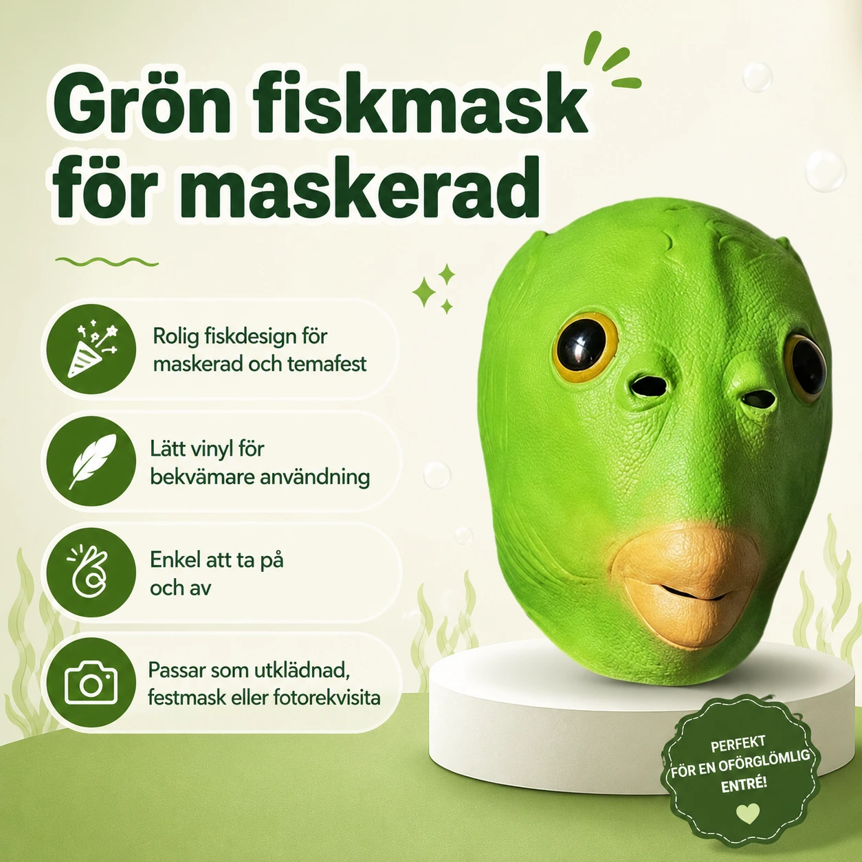 Grön fiskmask för maskerad i lätt vinyl