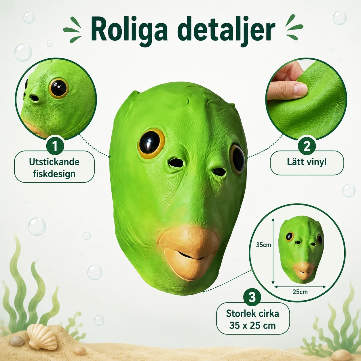 Grön fiskmask för maskerad i lätt vinyl