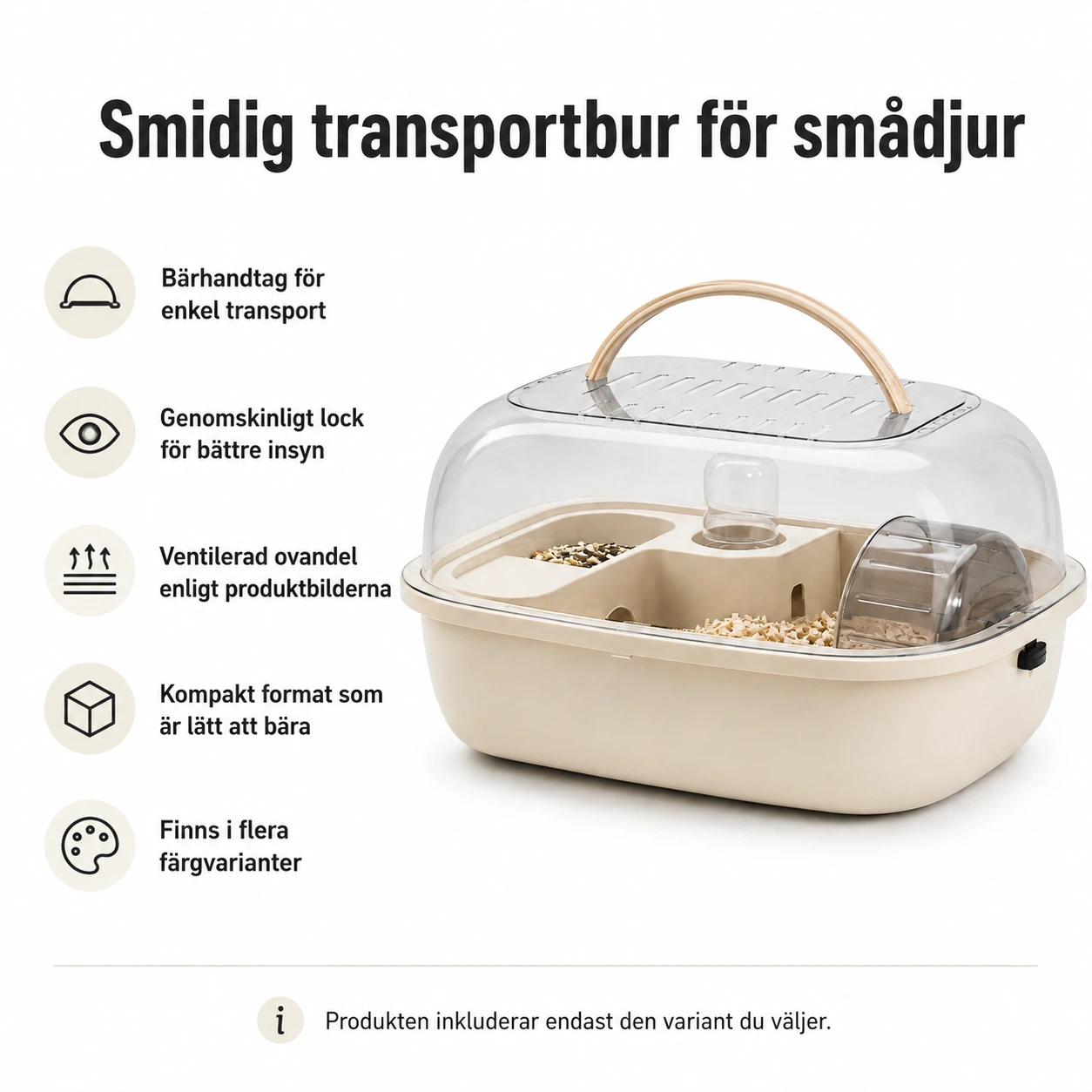 Transportbur för smådjur med handtag och genomskinligt lock