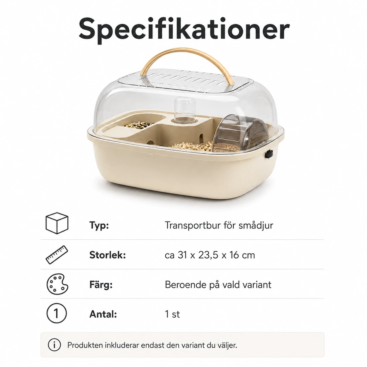 Transportbur för smådjur med handtag och genomskinligt lock