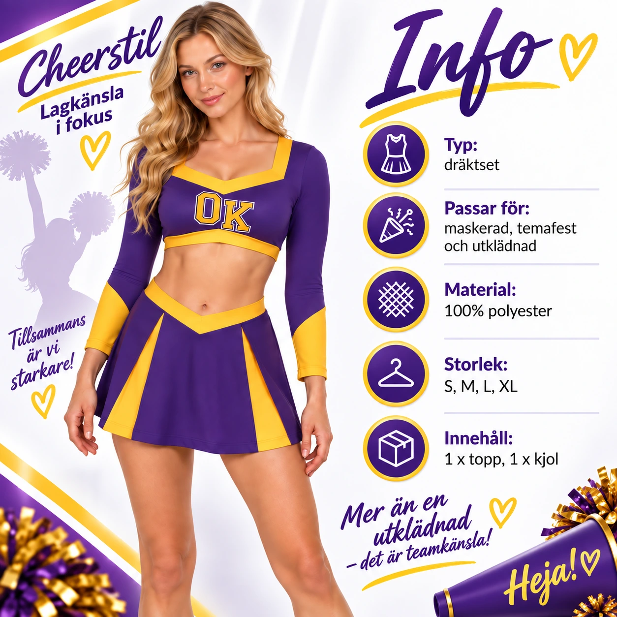 Violetti-keltainen cheerleaderasu topilla ja laskostetulla hameella