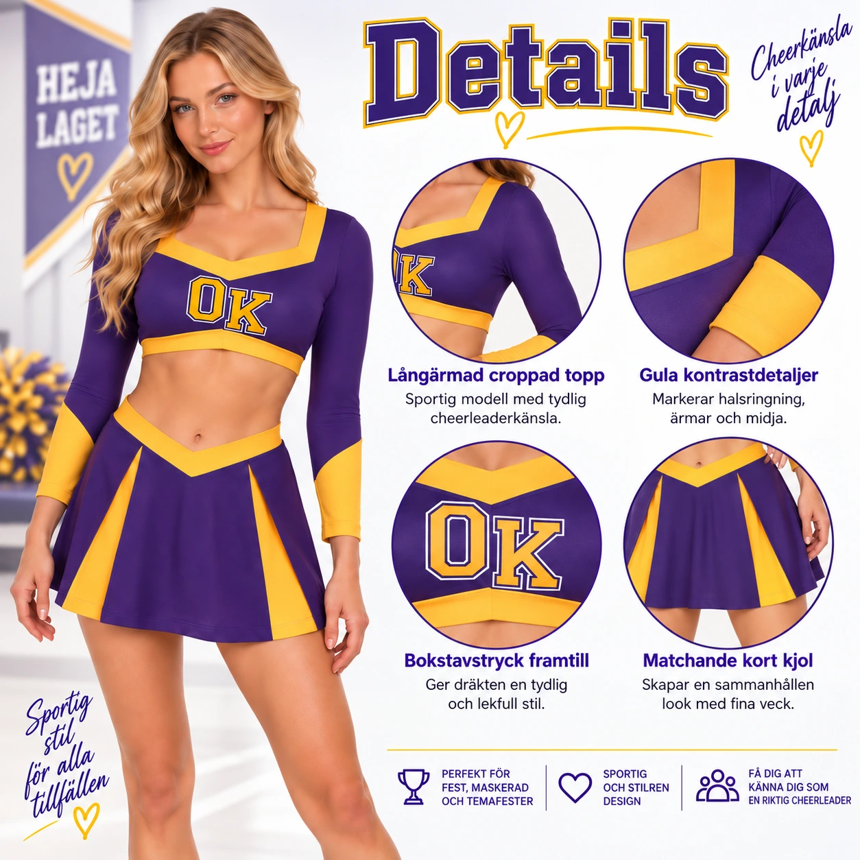 Violetti-keltainen cheerleaderasu topilla ja laskostetulla hameella