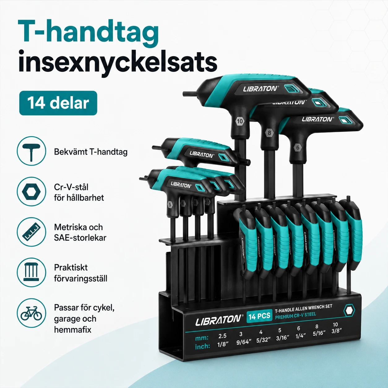 T-handtag insexnyckelsats för cykel och garage, 14 delar