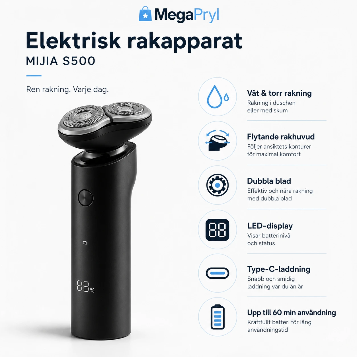 Elektrisk rakapparat för våt och torr rakning med LED-display