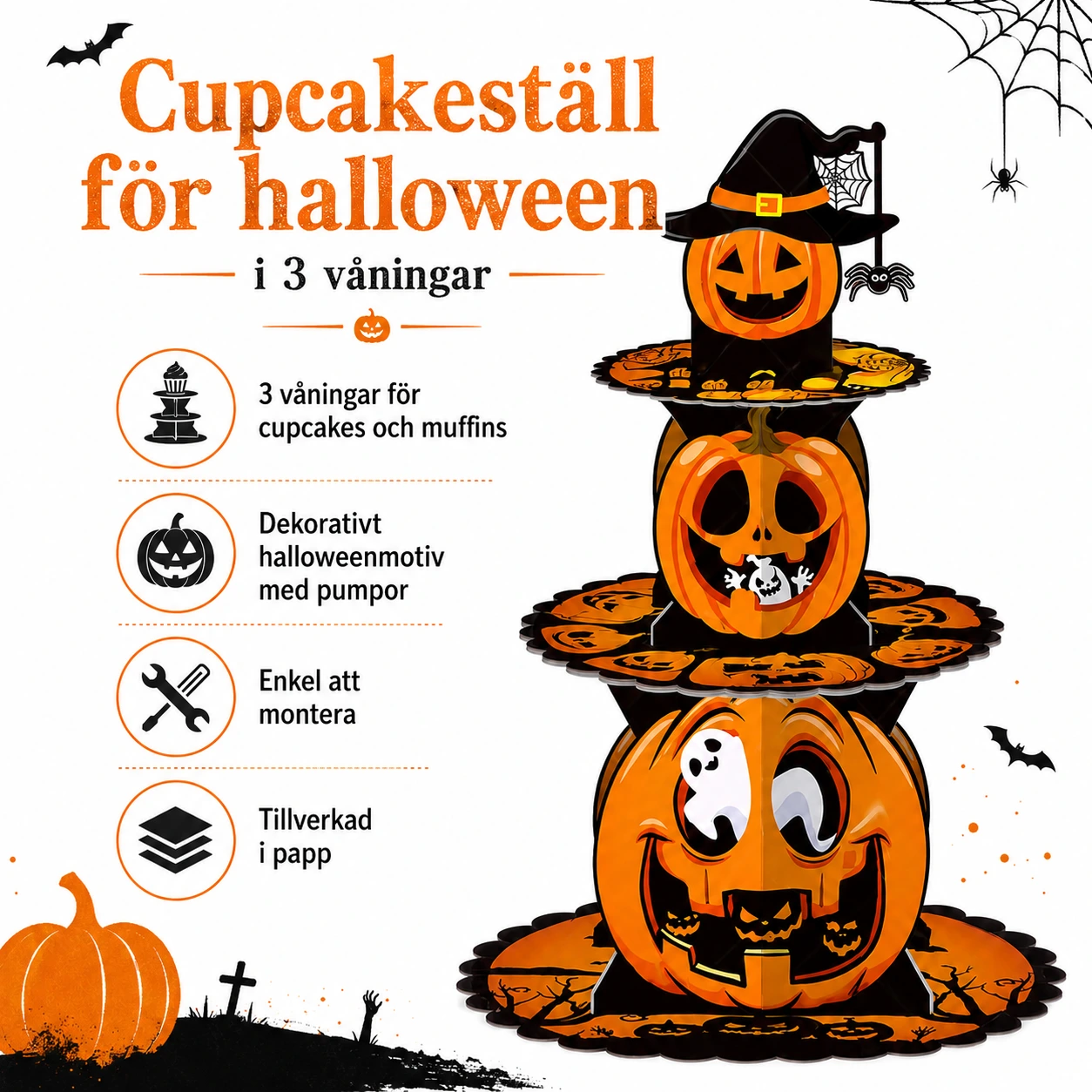 Cupcakeställ för halloween i 3 våningar