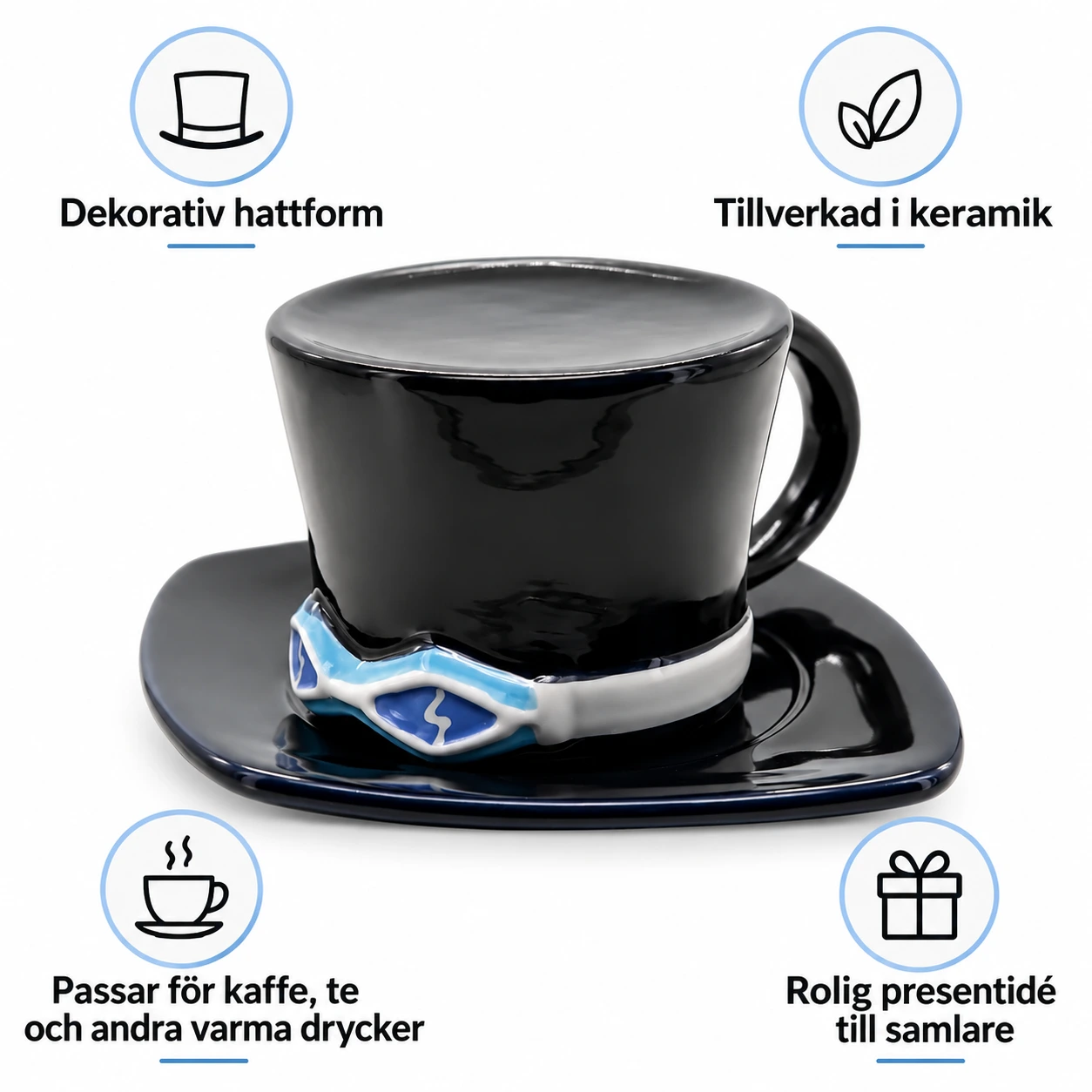 Svart Cylinderhatt Keramikmugg med Glasögon och Fat