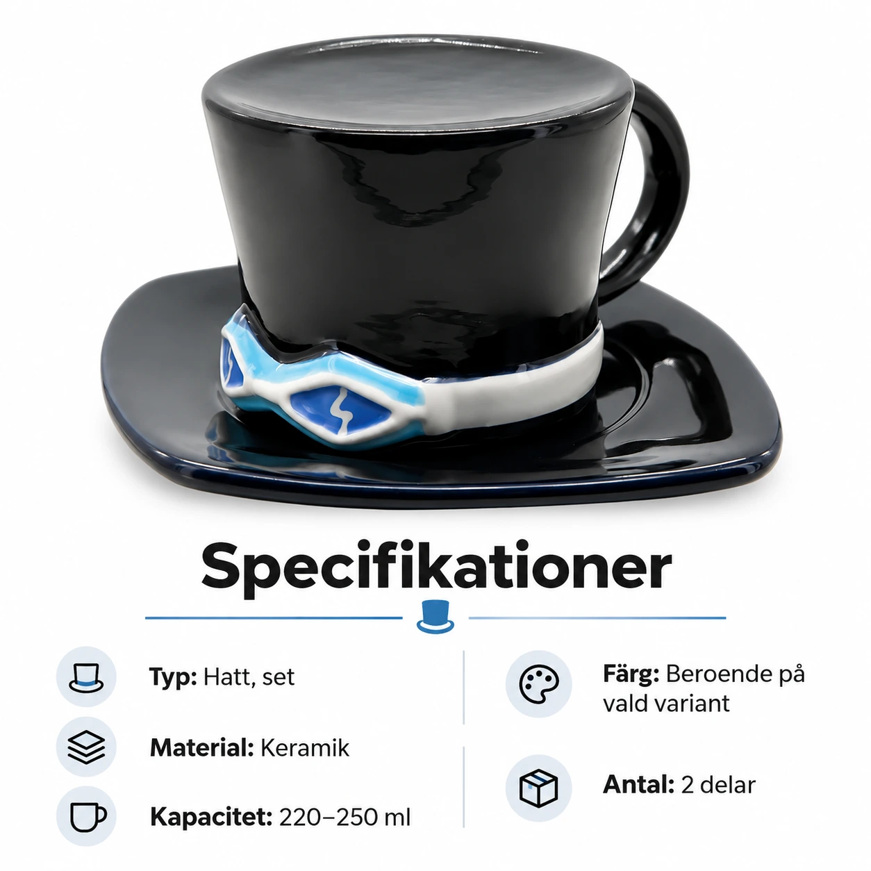Svart Cylinderhatt Keramikmugg med Glasögon och Fat