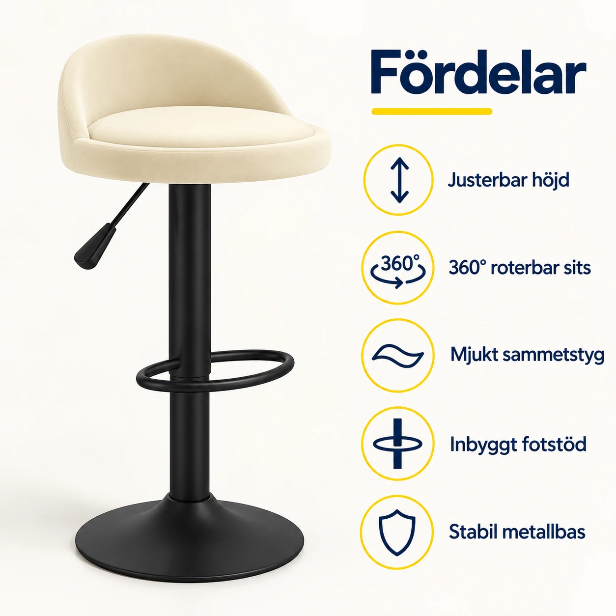 Justerbar barstol med fotstöd och 360° rotation