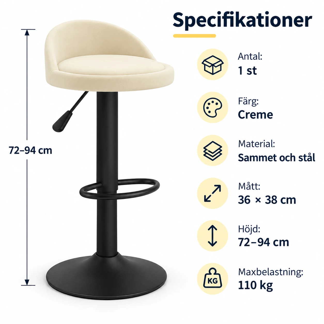Justerbar barstol med fotstöd och 360° rotation