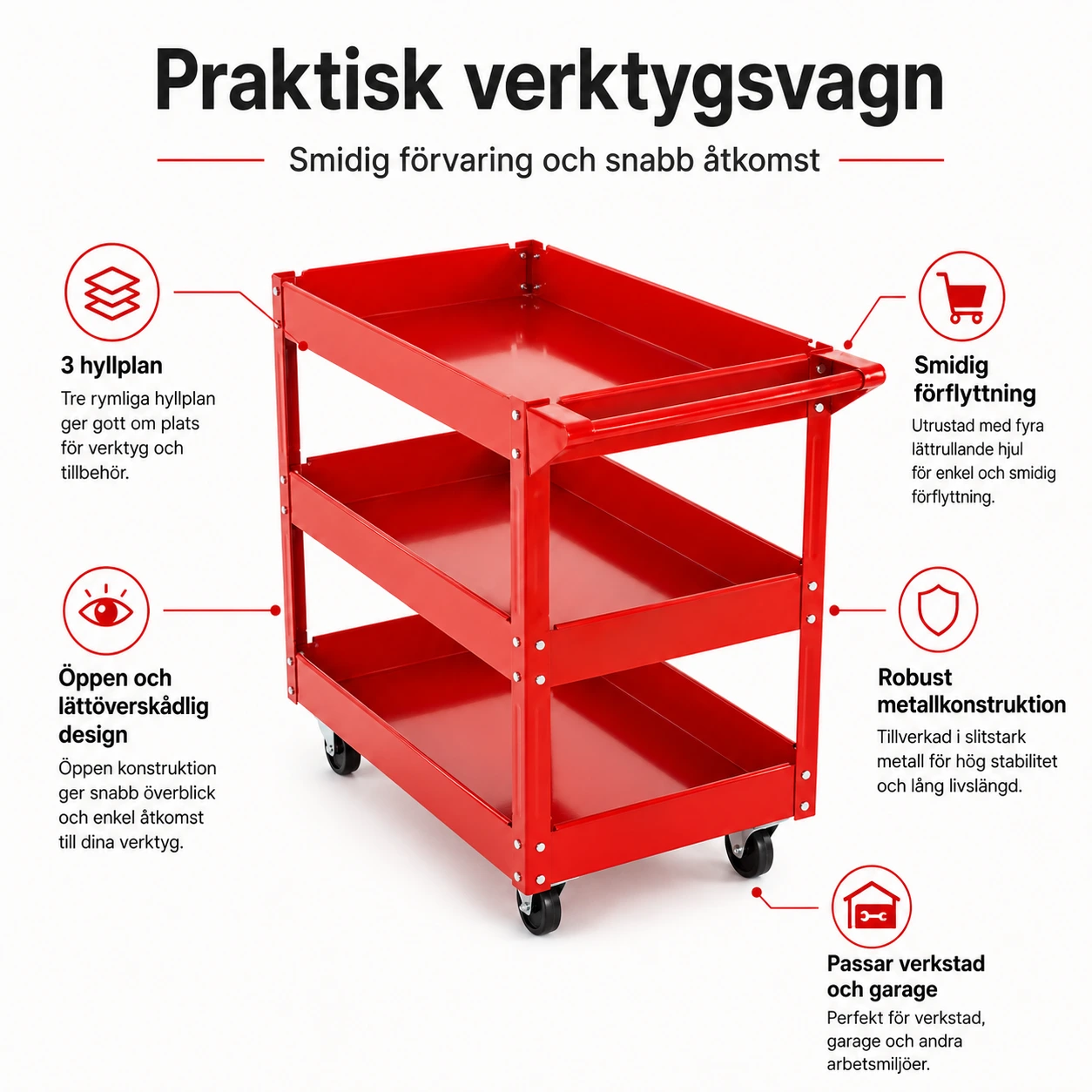 Työkaluvaunu 3 hyllytasolla ja pyörillä 700 x 350 x 760 mm