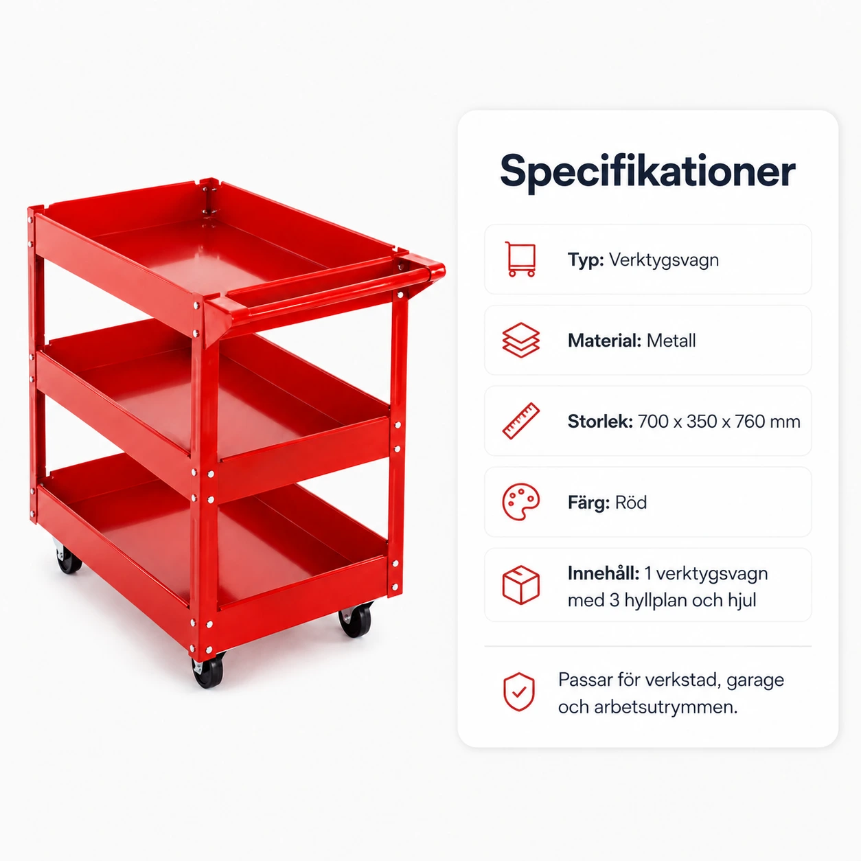 Verktygsvagn med 3 hyllplan och hjul 700 x 350 x 760 mm