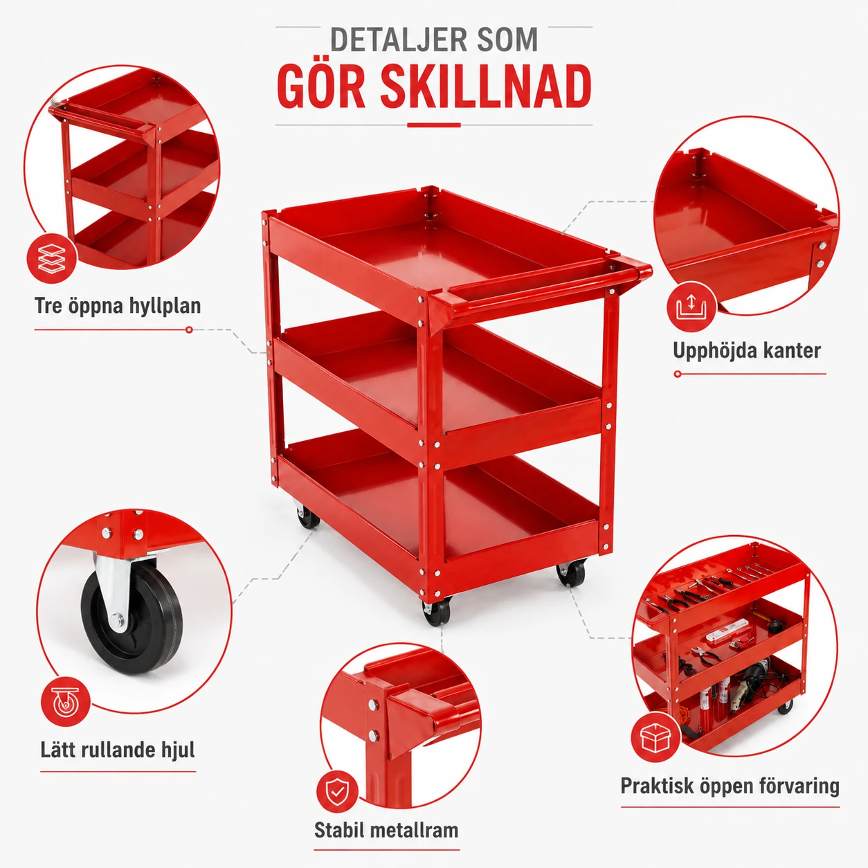 Verktygsvagn med 3 hyllplan och hjul 700 x 350 x 760 mm