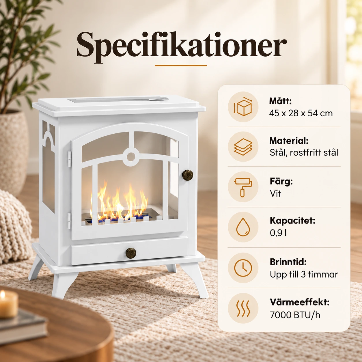 Fristående bioetanolkamin med 0,9 l tank, vit