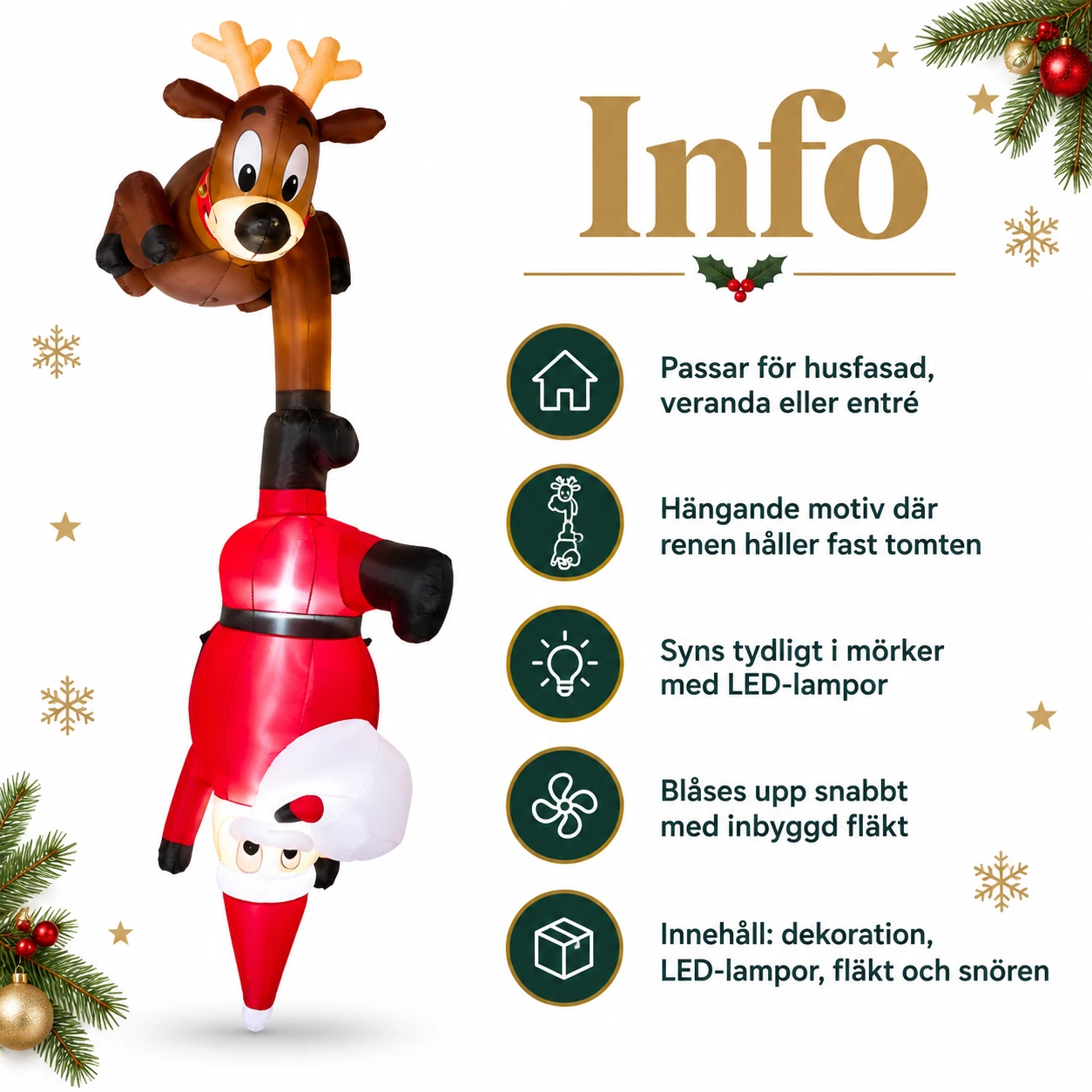 Riippuva ilmatäytteinen joulupukki ja poro, LED