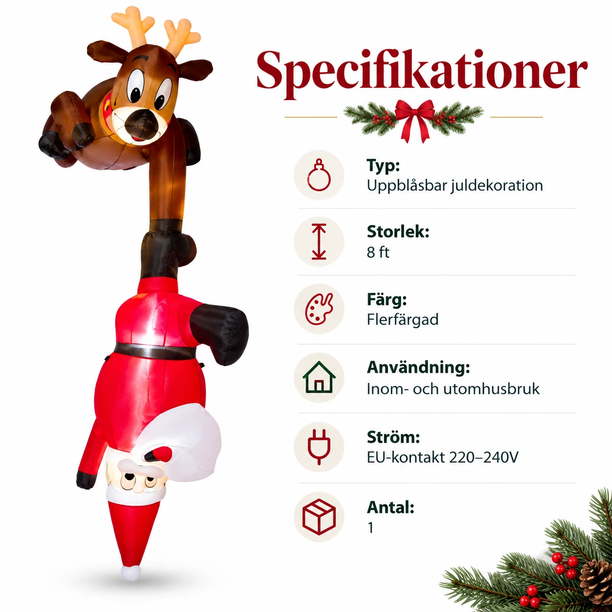 Hängande uppblåsbar juldekoration med tomte och ren, LED