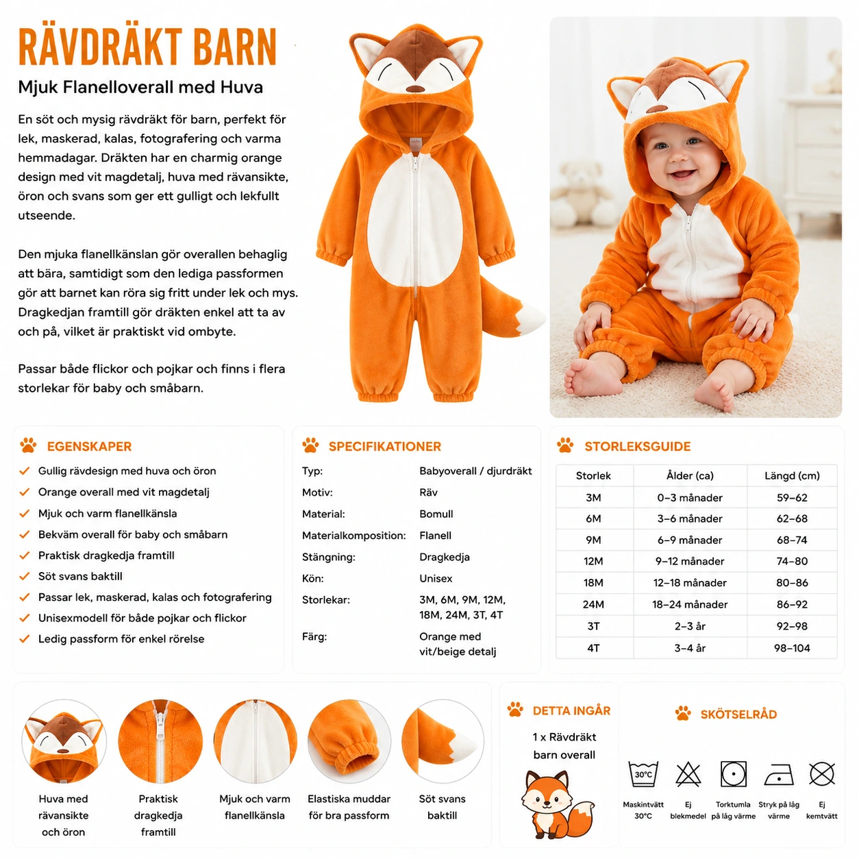 Rävdräkt Barn – Mjuk Flanelloverall med Huva & Svans