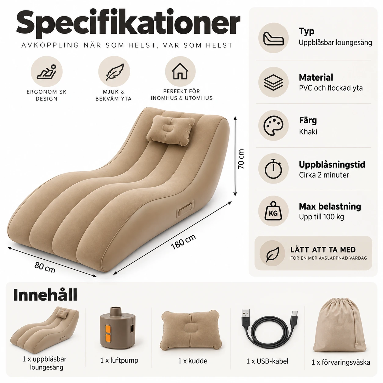 Uppblåsbar loungesäng för inom- och utomhusbruk med luftpump