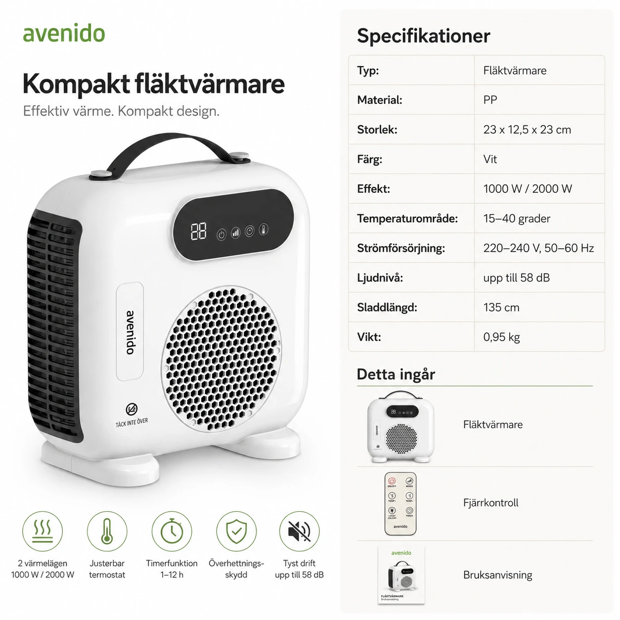 Fläktvärmare med fjärrkontroll och timer 2000 W