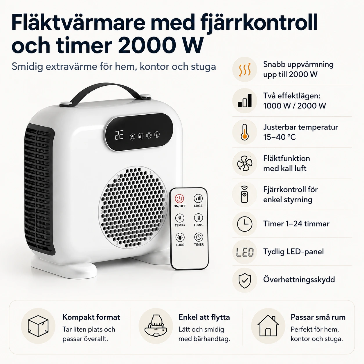Lämpöpuhallin kaukosäätimellä ja ajastimella 2000 W