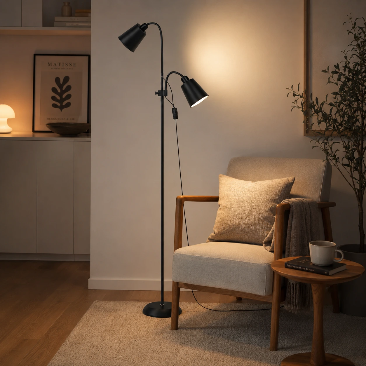 Golvlampa Svart med 2 Justerbara Lamphuvuden