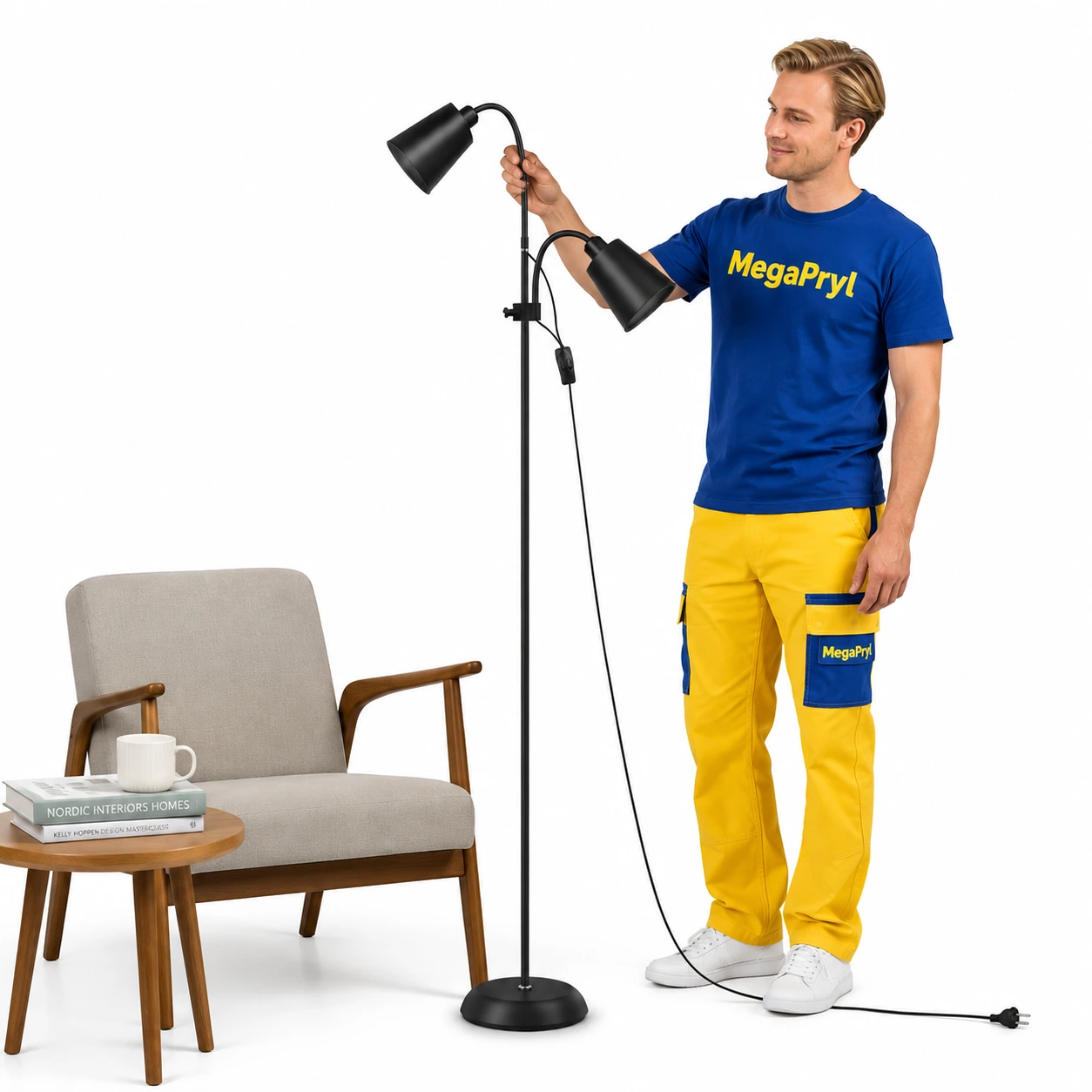 Golvlampa Svart med 2 Justerbara Lamphuvuden