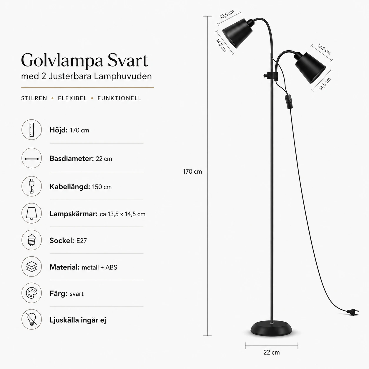 Golvlampa Svart med 2 Justerbara Lamphuvuden