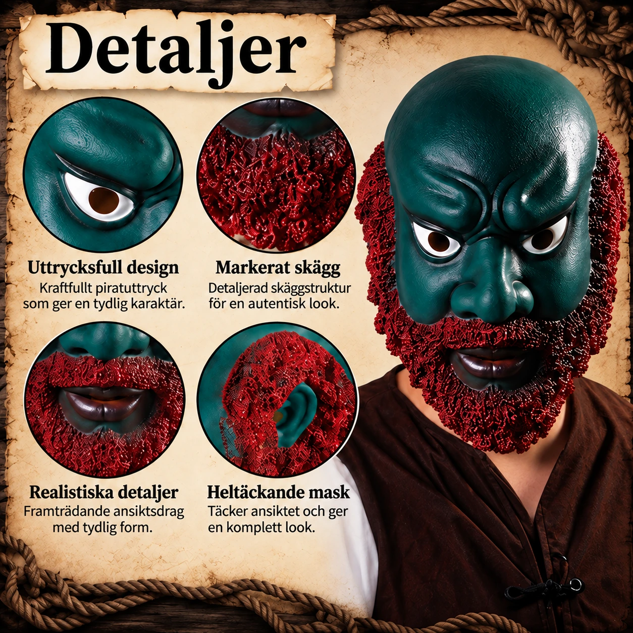 Piratmaske i lateks med skjegg